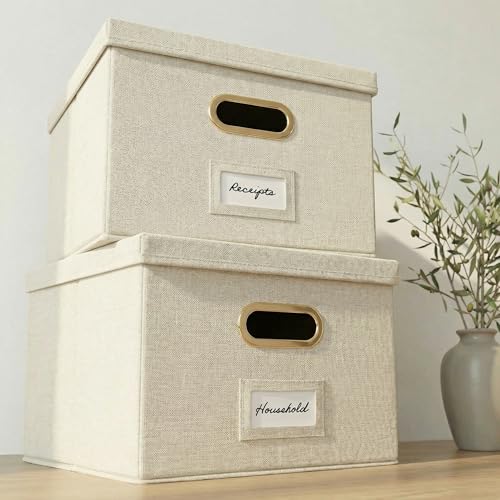 Decorative File Organizer Box Set of 2 - Collapsible Linen Filing Cabinets with Handles Are Perfect to Store All Your Documents & Hanging File Folders - Portable Easy Slide Office Crates with Lid - color: Ivory