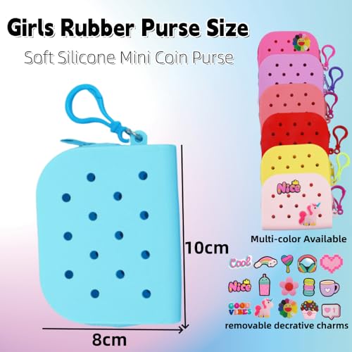 Soft Silicone Mini Coin Purse with Zipper and Cartoon Hole,with 15 pcs DIY Charms. Portable Keychain Pouch Organizer (Blue) - color: Blue