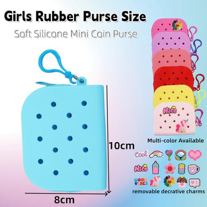Soft Silicone Mini Coin Purse with Zipper and Cartoon Hole,with 15 pcs DIY Charms. Portable Keychain Pouch Organizer (Blue) - color: Blue