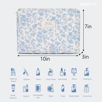 honitty Makeup Pouch,Quilted Cosmetic Bags,Large Floral Make Up Organizer for Women - color: 1PCS-Blue-White2