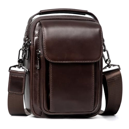 Augus Leather Small Messenger Bag For Men Crossbody Handbag Shoulder Sling Travel Bags for Men Purse Daypack Magnetic Buckle - color: Coffee