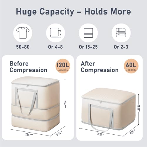 DIMJ Comforter Storage Bag - 120L Large Blanket Storage Compression Bags with Handles, Washable Clothes Storage Totes for Moving Closet, Space Saving Organizer for Bedding Comforter Blanket - color: Beige, size: 120L x 4 Pack
