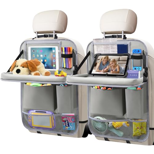 Car Backseat Organizer with Tablet Holder, 6 Storage Pockets Foldable Table Food Tray Seat Back Protectors Kick Mats Travel Accessories, 2 Pack Grey - color: Grey, size: 2Pack