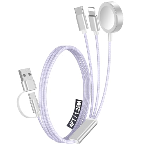 1Pack Multi Charging Cable Cord for Travel Essentials,Apple Watch Charger,iPhone Charger,[3-in-2] Type C/L Cable Portable Designed for iWatch,iPhone 17-8,Galaxy S26-21,AirPods,iPad-4FT Purple - color: Purple, size: 1Pack-4FT