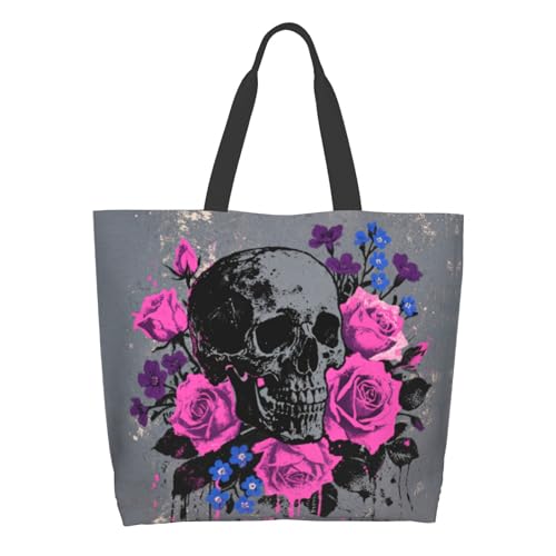 Shoulder Bag Large Reusable Eco-friendly Shopping Bags Portable Storage Handbag | Large - color: Skull Flowers22