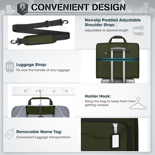 RAINSMORE Garment Bags for Travel Carry On Garment Bag for Hanging Clothes, Suit Bag for Business Trips with Shoes bag & Shoulder Strap, Waterproof Foldable Suit Luggage Bag for Men Women, Green - color: Green