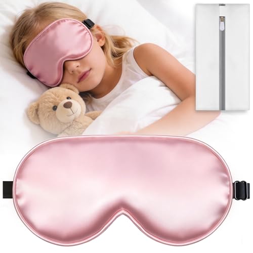 Kids Sleep Mask, Kids Eye Mask for Boys Girls, Kid Silk Eye Masks with Adjustable Strap for Sleeping, 100% Light-Blocking Sleep Eye Cover, Includes Protective Laundry Bag (Pink) - color: Pink