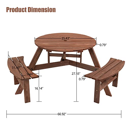 6 Person Circular Outdoor Wooden Picnic Table Sets for Patio Backyard Garden DIY w/ 3 Built-in Benches 1720lb Capacity,Brown - color: Brown-6-round