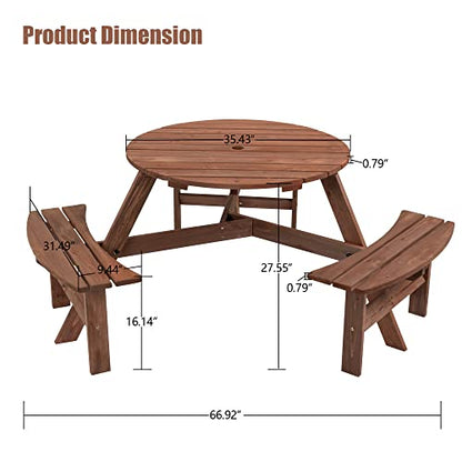6 Person Circular Outdoor Wooden Picnic Table Sets for Patio Backyard Garden DIY w/ 3 Built-in Benches 1720lb Capacity,Brown - color: Brown-6-round