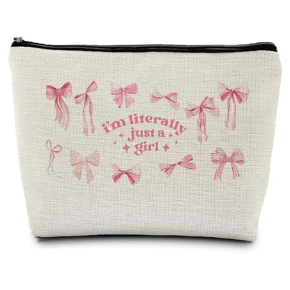 Coquette Pink Bow Makeup Bag, Preppy Bow Gifts Supplies Cosmetic Bags for Women, Girly Pink Makeup Pounch, Trendy Preppy Coquette I'm Literally Just a Girl Zipper Pouches for Purse - color: Preppy Bow
