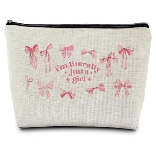 Coquette Pink Bow Makeup Bag, Preppy Bow Gifts Supplies Cosmetic Bags for Women, Girly Pink Makeup Pounch, Trendy Preppy Coquette I'm Literally Just a Girl Zipper Pouches for Purse - color: Preppy Bow