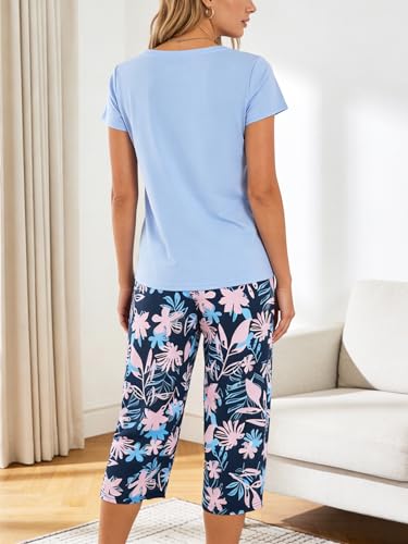 YIJIU Women Soft Comfy Pajamas Cute Cat Short Sleeve Capri Pants PJS Set - color: Blue Leaves, size: XX-Large