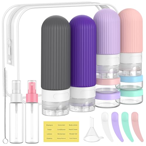 ME.FAN Travel Bottles for Toiletries,18 Pack Silicone Portable Size Bottle, TSA Approved Refillable Cosmetic Container Kits for Conditioner, Shampoo, Lotion,Face Cream - Purple - color: Purple
