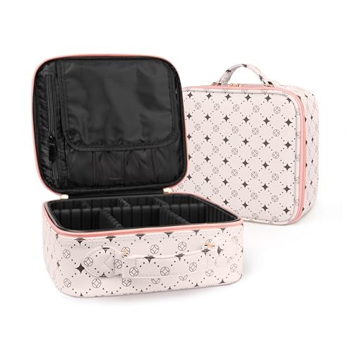 M Y U R E N Travel Makeup Bag,Waterproof Cosmetic Organizer, Adjustable Dividers,Portability Cosmetic Train Case,Makeup organizer,Gift for Women,Girls Gift (Beige+Pink) - color: Beige+Pink