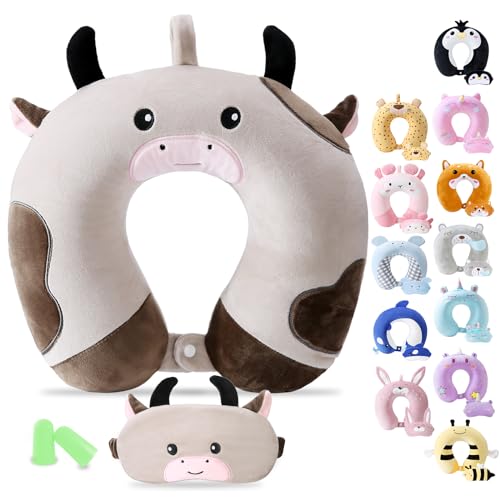 Cirorld Travel Pillow for Kids Adult Cute Neck Pillow for Traveling Memory Foam Airplane Pillow Sleep Mask Animal Flight Pillow Head Rest Neck Support for Cars Long Flights (Cow, 9-12 Y/O) - color: Cow, size: 9-12 Y/O