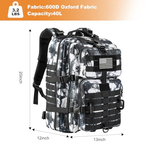 Hannibal Tactical MOLLE Assault Backpack, Tactical Backpack Military Army Camping Rucksack, 3-Day Pack Trip w/USA Flag Patch, D-Rings, Black White camo - color: Black/White Camo