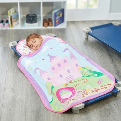 EVERYDAY KIDS Cute Preschooler and Toddler Cot Nap Mat for Home, Daycare, Preschool and Kindergarten; Easy to Roll Sleeping Mat with Elastic Straps, Pillow and Blanket - color: Princess Cot Nap Mat