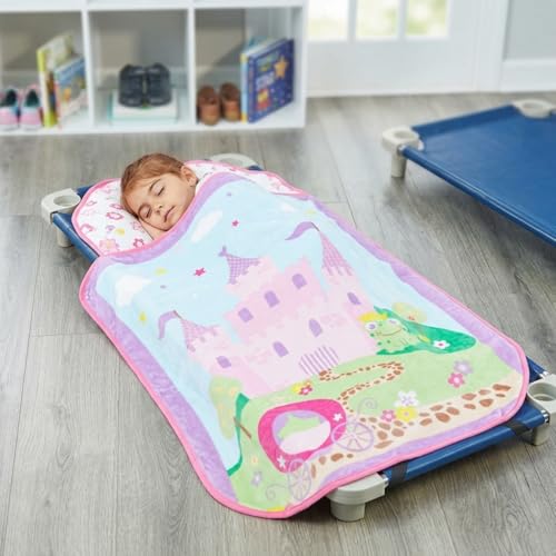 EVERYDAY KIDS Cute Preschooler and Toddler Cot Nap Mat for Home, Daycare, Preschool and Kindergarten; Easy to Roll Sleeping Mat with Elastic Straps, Pillow and Blanket - color: Princess Cot Nap Mat