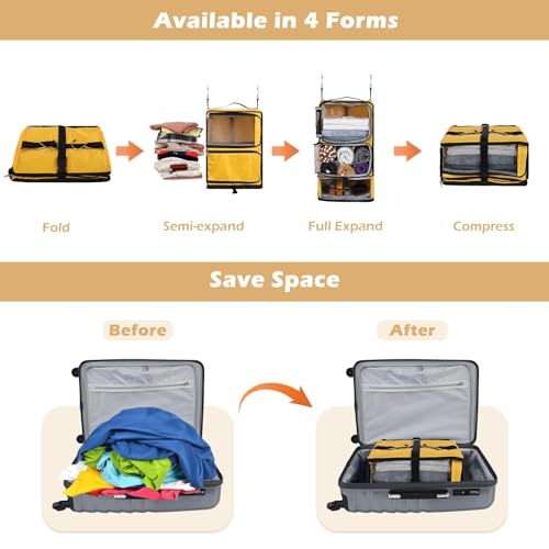 Surblue Hanging Shelves Travel Compression Packing Cube for Carry-on Luggage Suitcase Collapsible Transformable Garment Closet Organizers Large Capacity, Yellow, XL - color: Yellow, size: XL_13*10.2*23.2in
