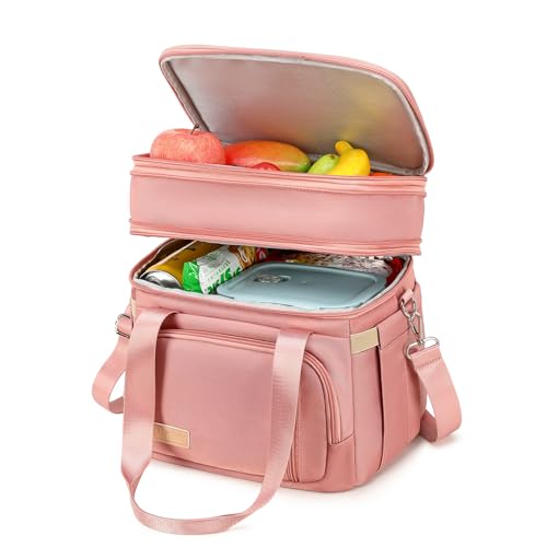 MAPLELILY Lunch Box for Men Women - Double Deck Insulated Lunch Bag, Large Leak Proof Tote Cooler, Wide Open Dual Compartment Lunch Bags with Shoulder Strap, For Work Picnic Hiking Beach, Pink - color: Pink