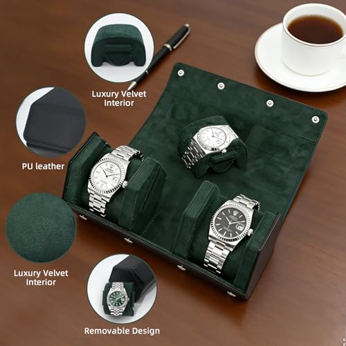 Leather Watch Roll for 3 Watches - Velvet-Lined Travel Case, Luxury Watch Rolls Organizer with Storage & Display for Men (3 Slot-Black Green) - color: 3 Slot-Black Green