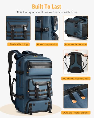 Ponhog Travel Backpack for Men, 50L Carry On Flight Approved Convertible Duffle Bag with Shoe Compartment, 17 inch Laptop Luggage with USB Charging Port for Weekender Hiking, Blue - color: Blue