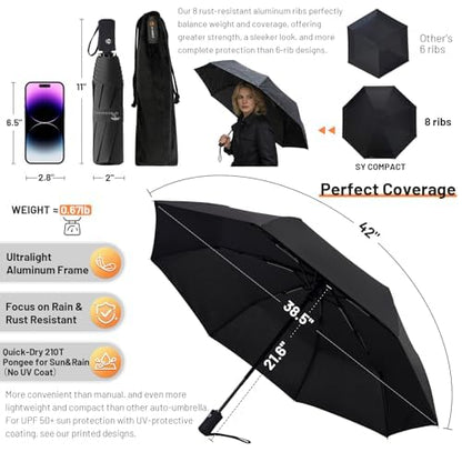 SY COMPACT Travel Umbrella - Windproof Automatic Compact Umbrella for Rain, Lightest 8-Rib, Small, Strong & Portable, Durable Grip, Fits Backpack & Car, Factory Direct (UV Available) - color: Grey