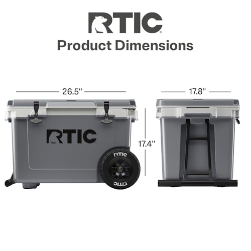 RTIC 52 Quart Ultra-Light Wheeled Hard Cooler Insulated Portable Ice Chest Box for Beach, Drink, Beverage, Camping, Picnic, Fishing, Boat, Barbecue, 30% Lighter Than Rotomolded Coolers - color: Dark Grey & Cool Grey
