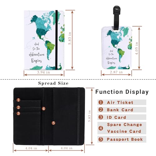 PDE-QUNLIAN Passport Book Holder,Passport Wallet for Men Mr and Mrs Passport Holder for Women Passport Cover World Map Passport Case for Couples Christmas Traveling Luggage Tag 2PCS - color: Green Map 2pcs (Passport Holder + Luggage Tag)
