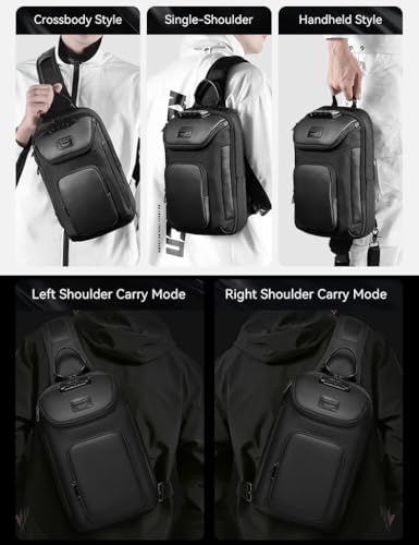 reeyee Anti-Theft Sling Bag with Lock, Waterproof Crossbody Backpack Fits 11 inch Tablet, Men's Shoulder Chest Bag - color: Black