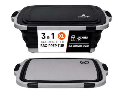 BBQ Prep Tub Collapsible EXTRA-LARGE w/Cutting Board, Locking Lid – Meal Prep Food Prep Containers w/Lids for Resting Meat –3 Adjustable Height - Ideal for Camping, Picnic, Dish Basin
