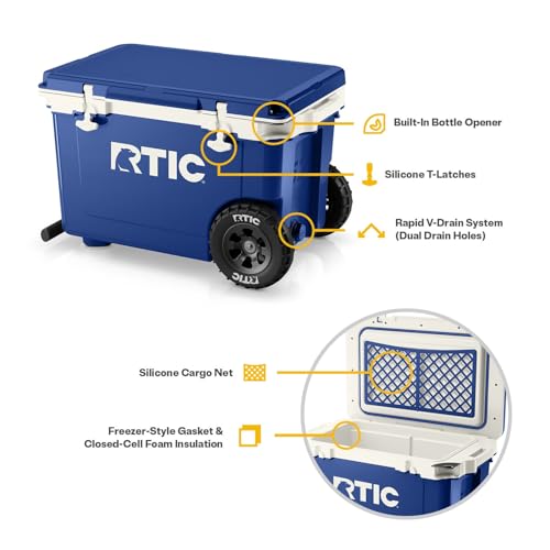 RTIC 52 Quart Ultra-Light Wheeled Hard Cooler Insulated Portable Ice Chest Box for Beach, Drink, Beverage, Camping, Picnic, Fishing, Boat, Barbecue, 30% Lighter Than Rotomolded Coolers - color: Cobalt & White