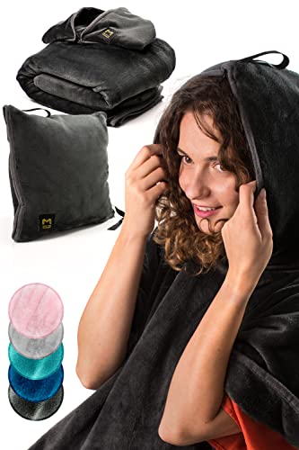 Travel Blanket Airplane Compact with Hoodie – 2in1 Airplane Travel Accessories from Plane Blanket to Travel Pillow with Luggage Strap, Soft Handle & Secure Pocket - color: Grey, size: 62x41''