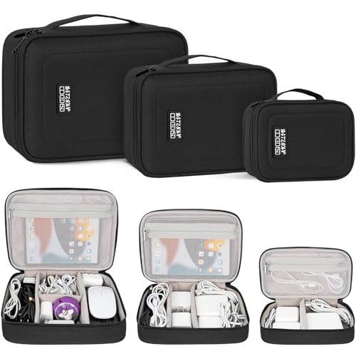 AKOZLIN Cord Organizer Case with Adjustable Divider 3pcs/set Padded Cable Organizer Bag Double Layer Electronics Travel Case DJ Cable File Bag Black