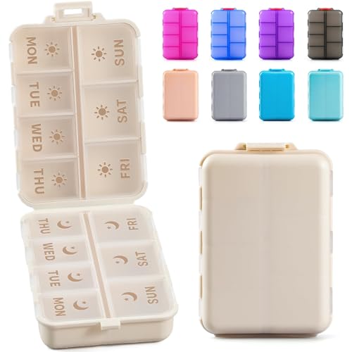 NEW Foldable & Double Protection Portable Weekly Pill Organizer 2 Times A Day with Etched Labels, AM PM 7 Day Week Medicine Box, Daily Travel Pill Case Holder Dispenser for Vitamin, Supplement - Khaki - color: Khaki, size: AM & PM