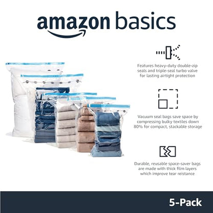 Amazon Basics Vacuum Storage Bags for Clothes, Compression Zipper with Hand Pump, Medium, White, Sky Blue, 5-Pack - size: Medium