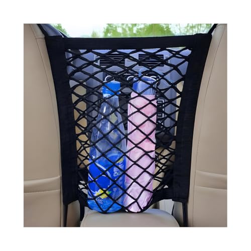 2-Layer Car Mesh Organizer, Seat Back Net Bag Stretchable Barrier of Backseat Pet Kids, Four-Side Elastic Storage Netting Pouch Cargo Tissue Purse Holder Between Front Seats - color: 2-Layer Four-Side