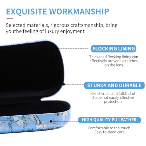 PERFECTSIGHT Sunglasses Case, Large Hard Shell Glasses Case, Cute PU Leather Protective Eyeglasses Case for Women Men - color: Blue Apricot Blossom
