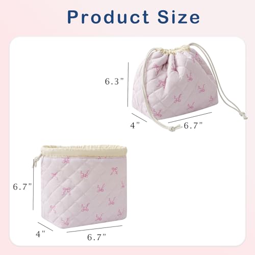 Cotton Quilted Drawstring Makeup Bag with Canvas Lining,Coquette Aesthetic Cute Travel Toiletry Bag,Drawstring Gift Bag for Women and Girls（13Small Pink Bow） - color: 13Small Pink Bow