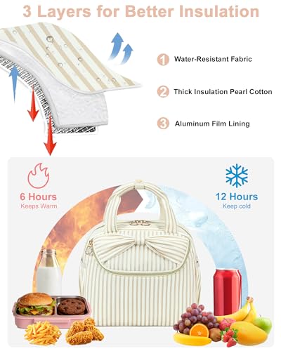 Bluboon Lunch Box for Women, Large Insulated Lunch Bag with Shoulder Strap, Adult Lunch Tote Teacher Nurse, Bow Lunch Cooler Gifts for Work Picnic Travel, Black (Brown White) - color: Brown White