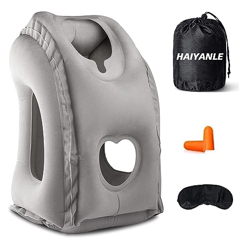 Inflatable Travel Pillow - Multifunctional Travel Pillow for Adult Chin Supporting Travel Neck Pillow Airplane Sleeper Office Napping Pillow with Eye Mask, Earplugs and Portable Bag