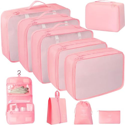 10 Pcs Set Packing Cubes - Travel Packing Organizers, Expandable Suitcase Organizer, Luggage Organizer Bags - color: PINK