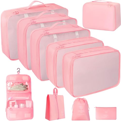 10 Pcs Set Packing Cubes - Travel Packing Organizers, Expandable Suitcase Organizer, Luggage Organizer Bags - color: PINK