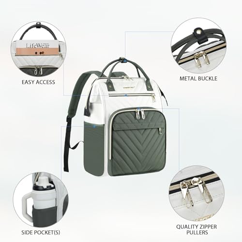 VANKEAN Laptop Backpack for Women Fashion Computer Work Bag, Large Capacity Waterproof Backpack, College Daypack Business Travel, 15.6 Inch Beige-Army green - color: Beige/Army Green, size: 15.6 Inch