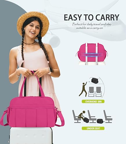 Lightweight Travel Duffle Bag for Women, Quilted Puffy Weekender with Wet Pocket for Gym, Overnight, Personal Item Carry On, Rose Red - color: Rose Red