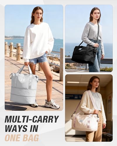 Expandable Travel Duffle Bag for Women Men, Large Gym Bag Travel Tote Bags, Waterproof Carry On Personal Item Bag Airline Approved, Workout Weekender Bag for Overnight Trips with Luggage Sleeve, Beige - color: C-beige