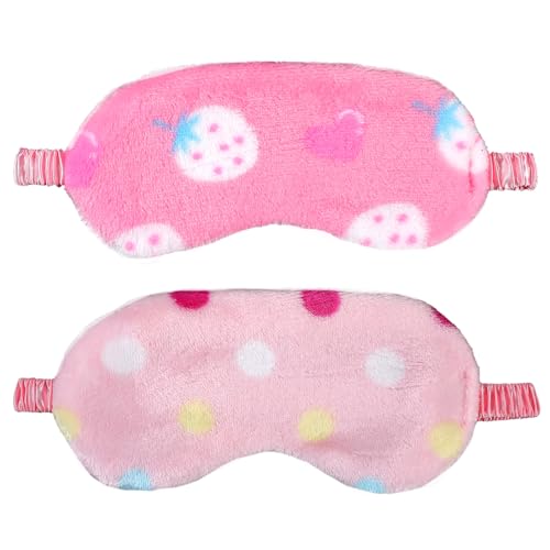 2PCS Plush Sleeping Eye Mask Soft Plush Eye Mask Fuffy Eye Cover Comfortable Sleep Mask Blindfold Rainbow Faux Fur Eye Shade for Women, Men and Kids Travel Nap Sleeping - color: Strawberry
