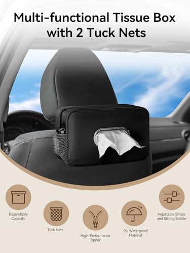 2Pack Multi-Functional Car Tissue Holder with ‌2 Tuck Nets, Upgraded PU Leather Tissue Box Cover, Large Rectangle Napkin Storage Organizer, Keep Car Tidy, Black - color: 2pack Deep Black
