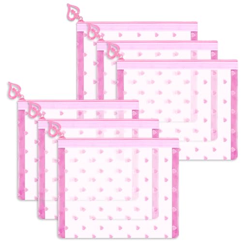 6 Pack Mini Zipper Mesh Makeup Bags, Heart Print Nylon Cosmetic Bags Toiletry Bags for Office Travel Organization (Pink, S) - color: Pink, size: S