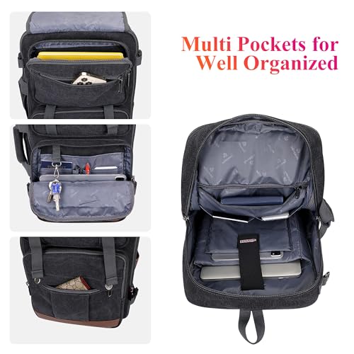 WITZMAN Canvas Travel Backpack for Men Large Laptop Backpack Fit 16 inch Carry-on Airline Approved Convertible Shoulder Rucksack(A6617-3 Black) - color: Black
